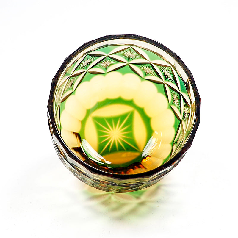Bottom view of QJ-04 Hand Cut To Amber Green Shot Glass - JINZHI GLASS crystal glassware
