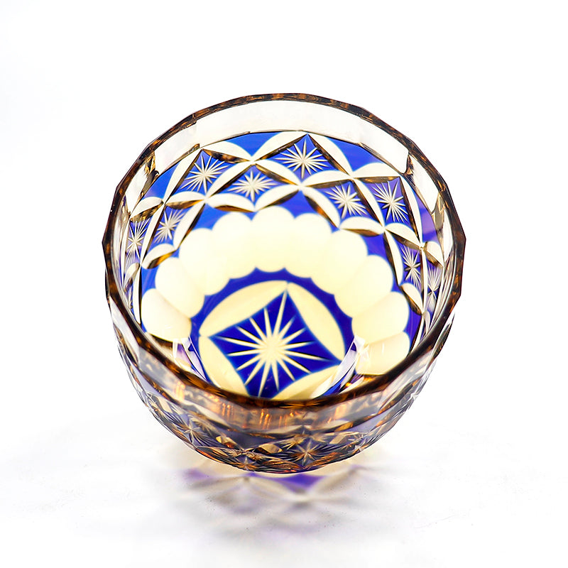 QJ-04 Hand Cut To Amber Blue Shot Glass 60ml for Sake ,Soju,whiskey, vodka, tequila