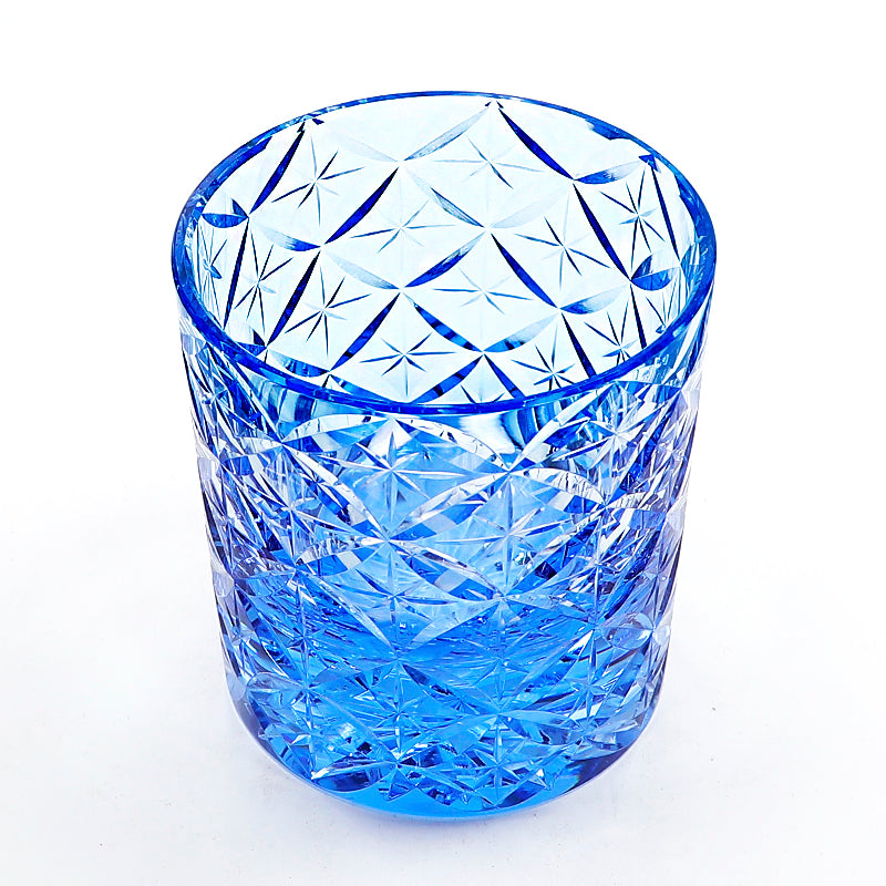 JP-090 Handcrafts Blue K9 Crystal Whiskey Glass Edo Kiriko Circle Mesh Design With Gift Box