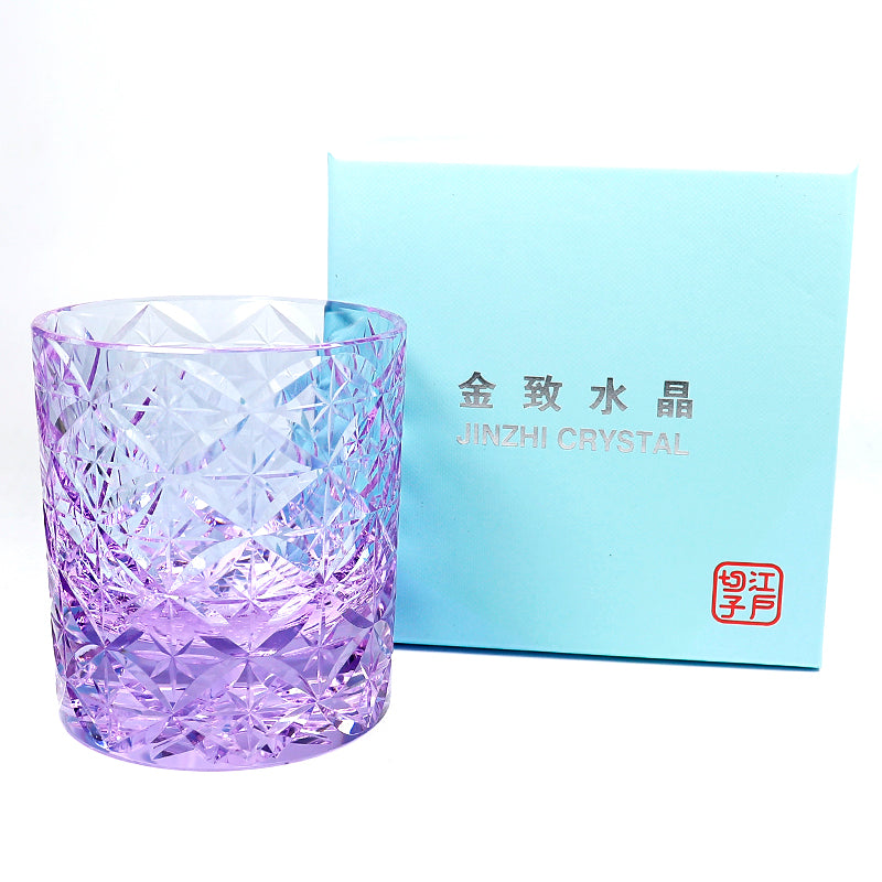 JP-090 7 oz Handcrafts Japanese Style Purple K9 Whiskey Glass Edo Kiriko's Circle Mesh In Gift Box