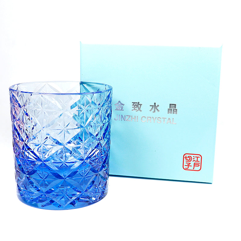 JP-090 Handcrafts Blue K9 Crystal Whiskey Glass Edo Kiriko Circle Mesh Design With Gift Box