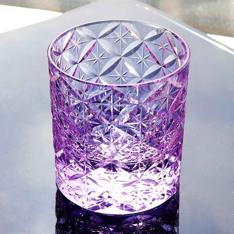 JP-090 7 oz Handcrafts Japanese Style Purple K9 Whiskey Glass Edo Kiriko's Circle Mesh In Gift Box
