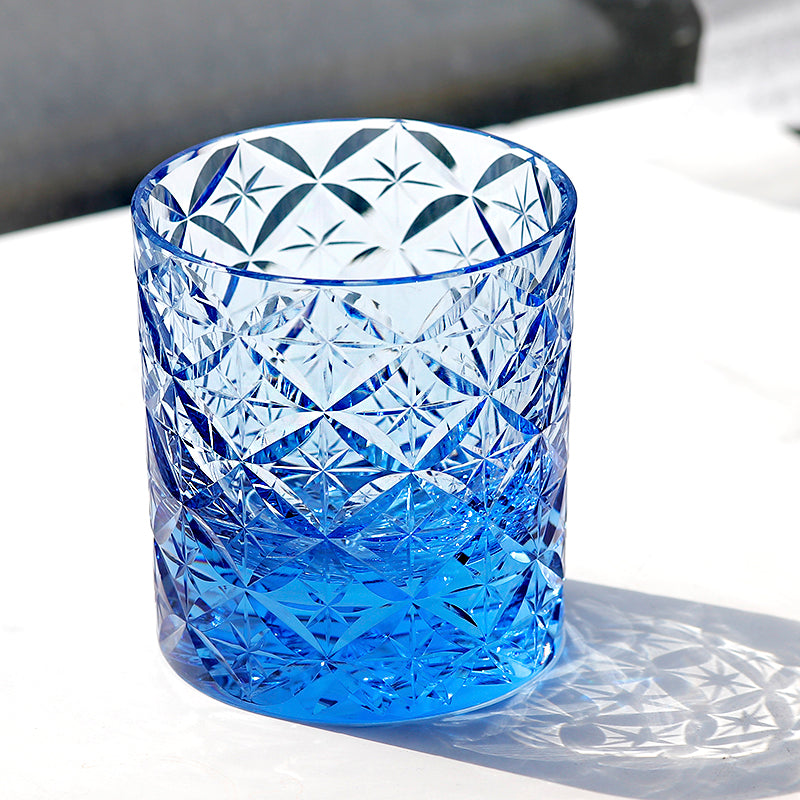 JP-090 Handcrafts Blue K9 Crystal Whiskey Glass Edo Kiriko Circle Mesh Design With Gift Box