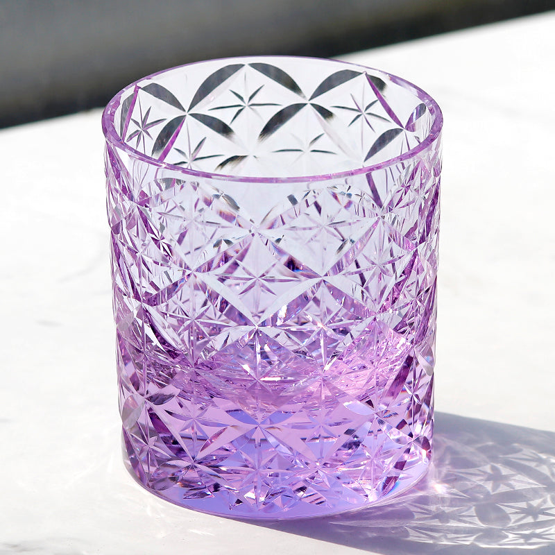 JP-090 7 oz Handcrafts Japanese Style Purple K9 Whiskey Glass Edo Kiriko's Circle Mesh In Gift Box