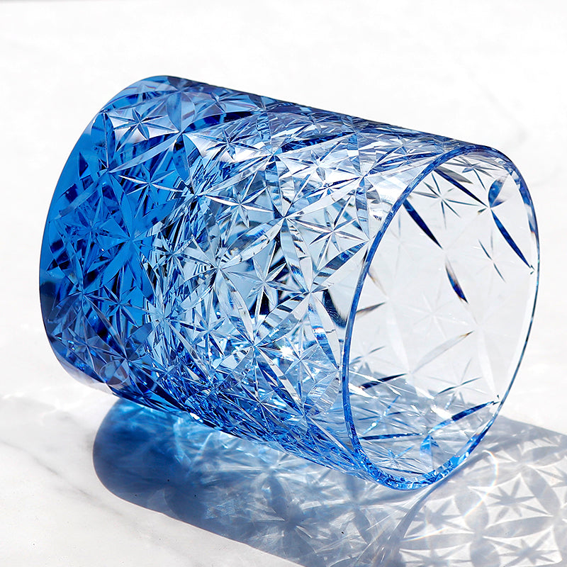 JP-090 Handcrafts Blue K9 Crystal Whiskey Glass Edo Kiriko Circle Mesh Design With Gift Box