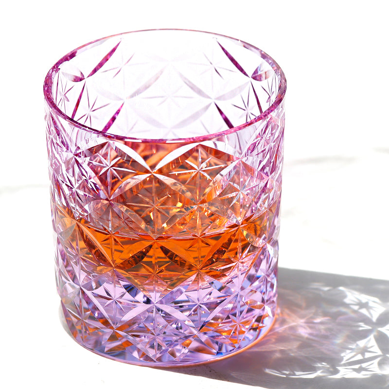 JP-090 7 oz Handcrafts Japanese Style Purple K9 Whiskey Glass Edo Kiriko's Circle Mesh In Gift Box