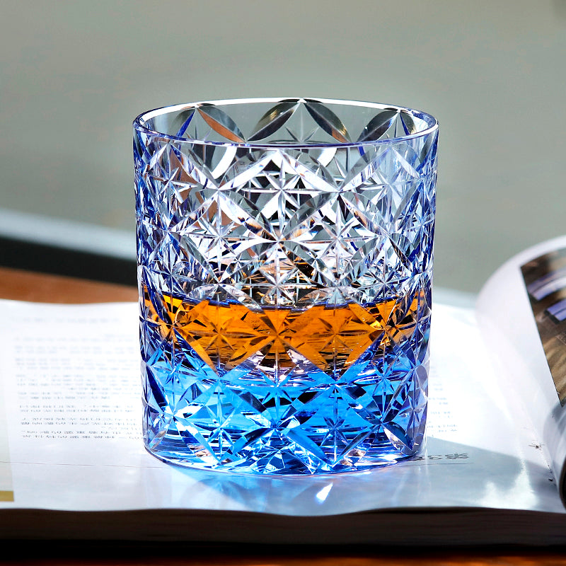 JP-090 Handcrafts Blue K9 Crystal Whiskey Glass Edo Kiriko Circle Mesh Design With Gift Box