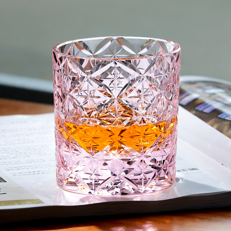 JP-090 Handcrafts Japanese Style K9 Pink Crystal Glass Whiskey Tumbler With Gift Box Edo Kiriko Asterism Patterns