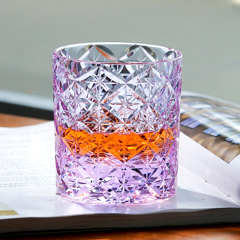 JP-090 7 oz Handcrafts Japanese Style Purple K9 Whiskey Glass Edo Kiriko's Circle Mesh In Gift Box