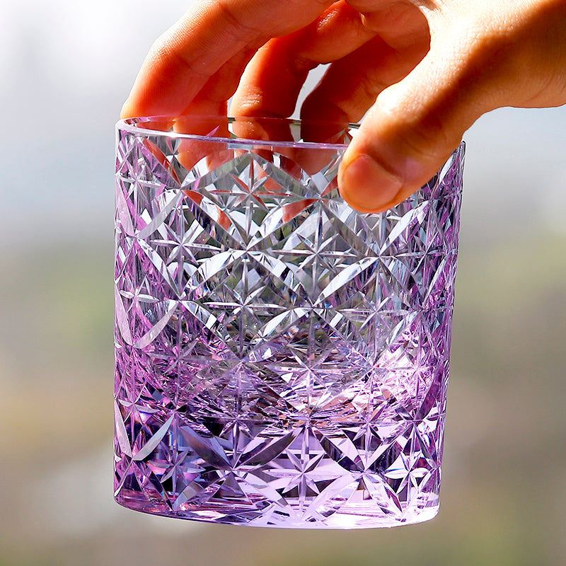 JP-090 7 oz Handcrafts Japanese Style Purple K9 Whiskey Glass Edo Kiriko's Circle Mesh In Gift Box