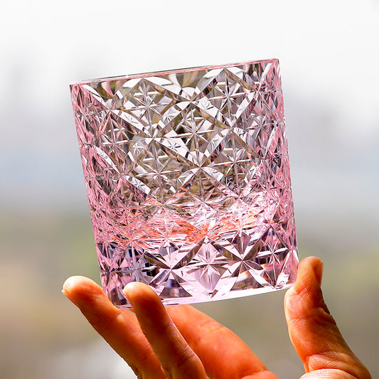 JP-090 Handcrafts Japanese Style K9 Pink Crystal Glass Whiskey Tumbler With Gift Box Edo Kiriko Asterism Patterns