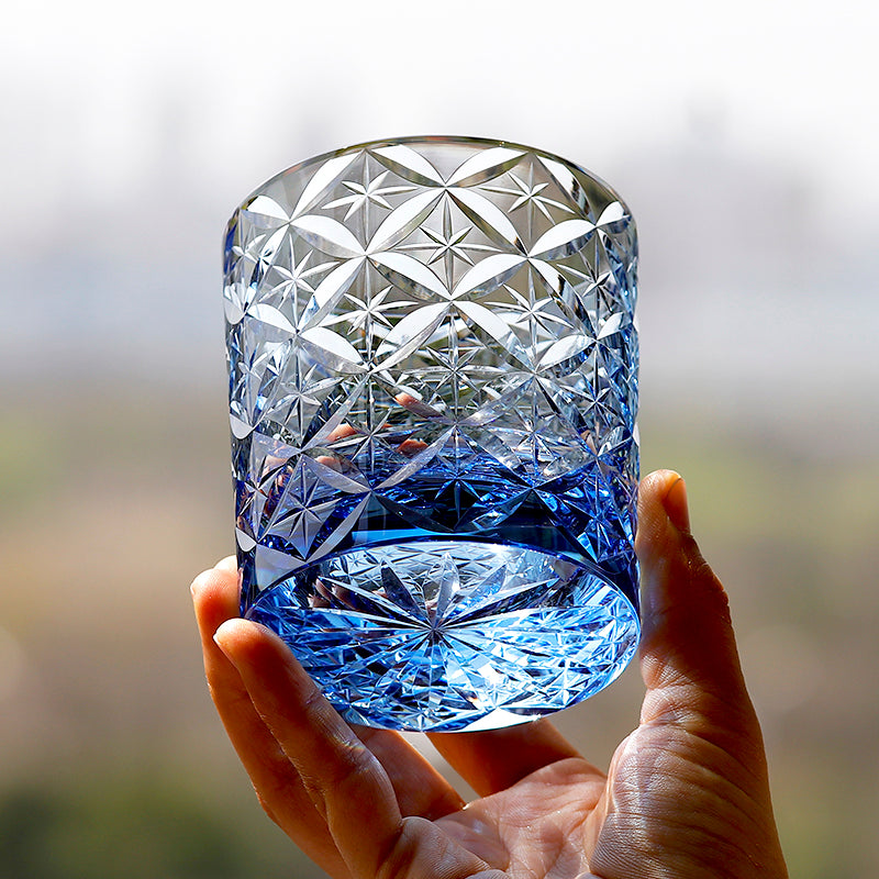 JP-090 Handcrafts Blue K9 Crystal Whiskey Glass Edo Kiriko Circle Mesh Design With Gift Box