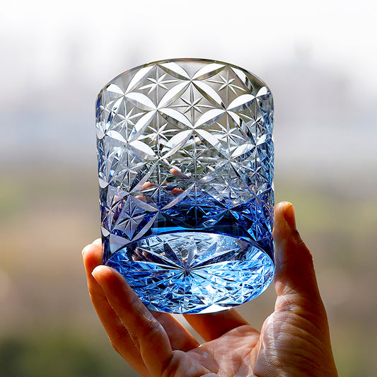 JP-090 Handcrafts Blue K9 Crystal Whiskey Glass Edo Kiriko Circle Mesh Design With Gift Box