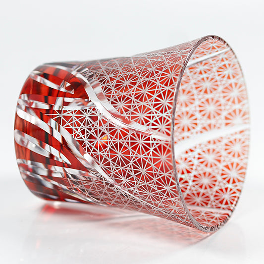 JP-017 220ml Flared Shaped Hand Cut To Clear Ruby Red Table Drinking Tumbler Edo Kiriko's Sea Wave Red Color Cased Glass Whiskey Tumblers