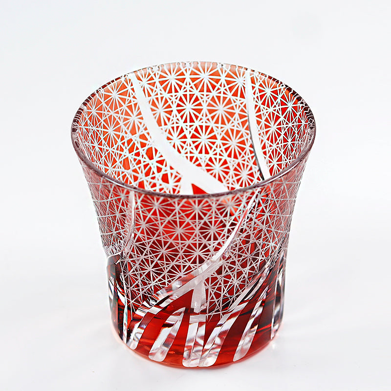 JP-017 220ml Flared Shaped Hand Cut To Clear Ruby Red Table Drinking Tumbler Edo Kiriko's Sea Wave Red Color Cased Glass Whiskey Tumblers