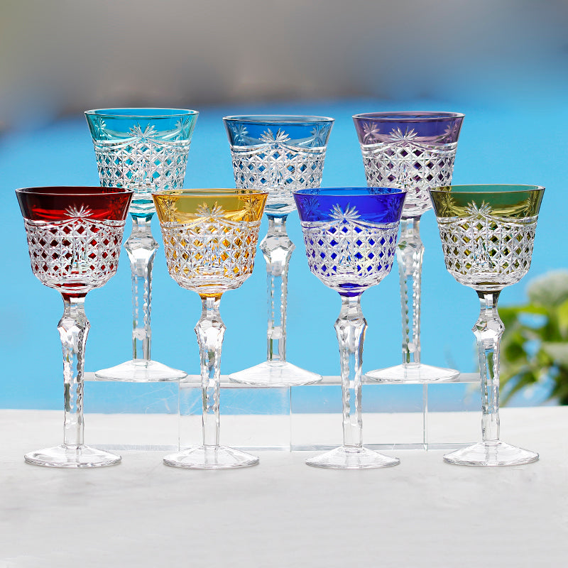 JP-100 Czech Hand Cut To Clear Blue Wine Glass Goblet Dark Blue Hock Glasses