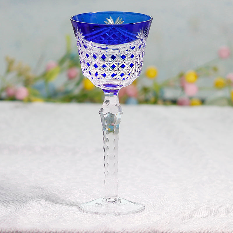 JP-100 Czech Hand Cut To Clear Blue Wine Glass Goblet Dark Blue Hock Glasses