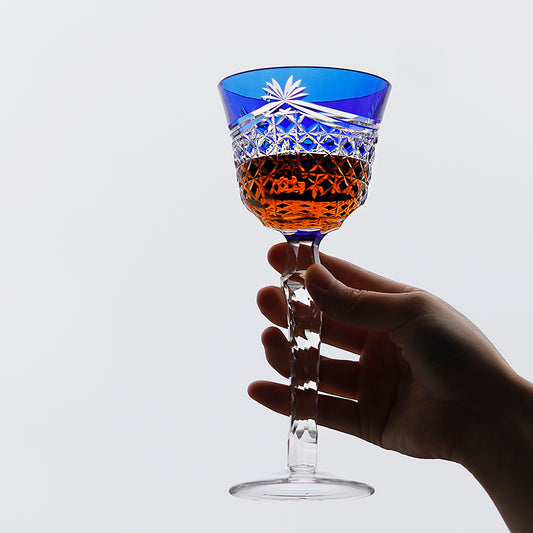 JP-100 Czech Hand Cut To Clear Blue Wine Glass Goblet Dark Blue Hock Glasses