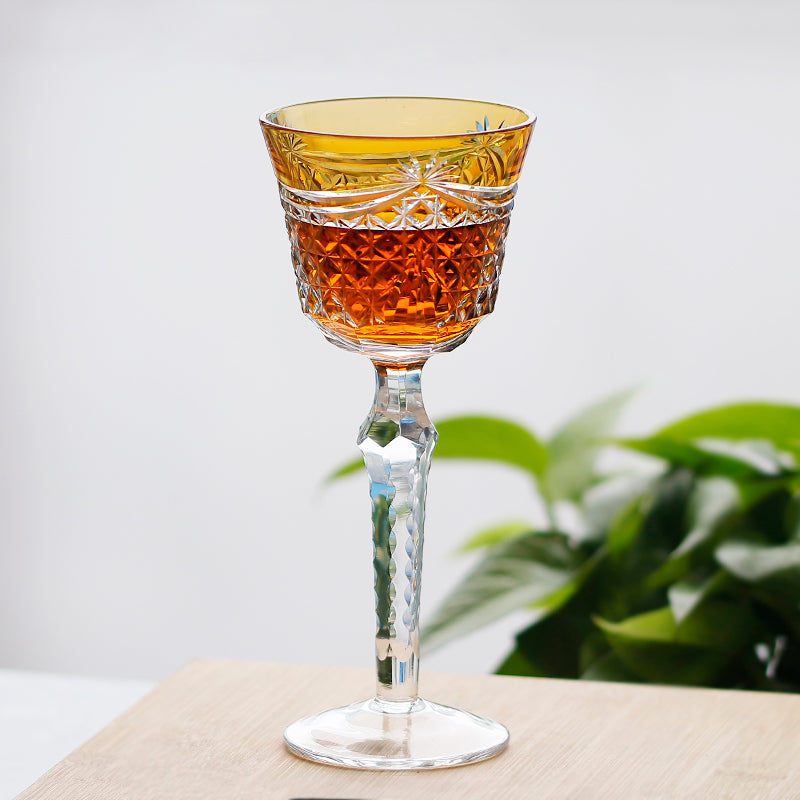 JP-100 150ml Hand Blown Yellow Glass Wine Goblet Czech Carved Hock Glasses For Home Tableware Barware Wedding Party
