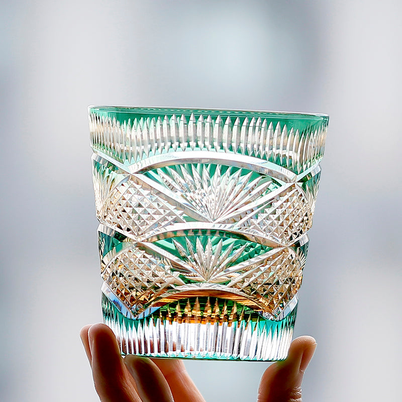 Edo Kiriko Japanese Style Whiskey Glass – Hand-Cut Crystal, Floral Art Deco Design, 220ml