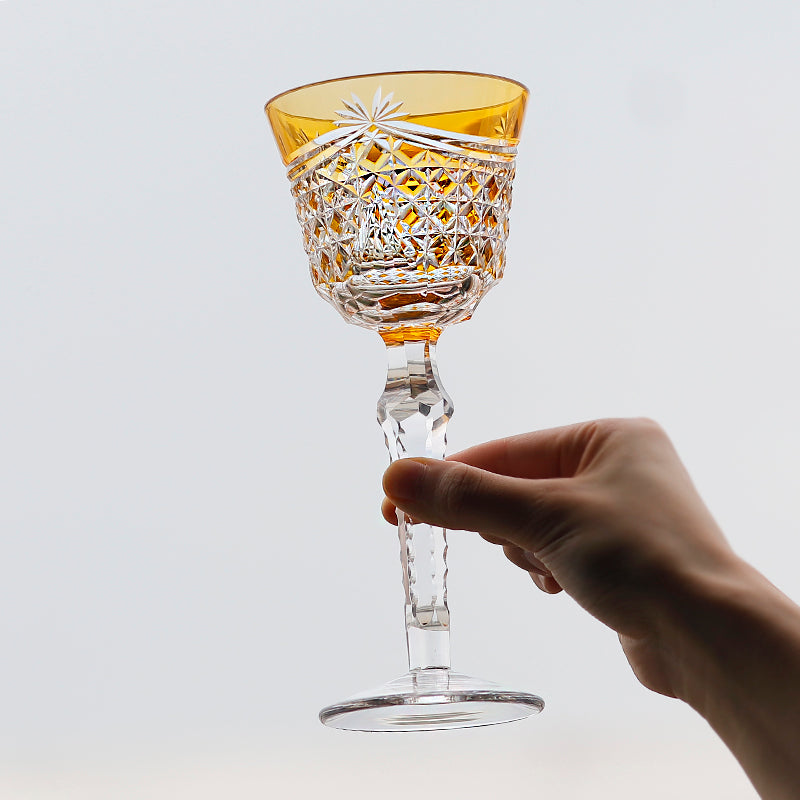 JP-100 150ml Hand Blown Yellow Glass Wine Goblet Czech Carved Hock Glasses For Home Tableware Barware Wedding Party