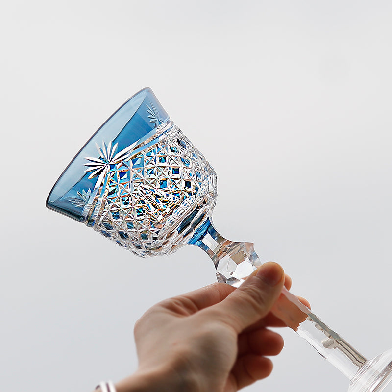 JP-100 Handcrafts Bohemian Hand Cut Wine Glass Goblet Smokey Blue Hock Glasses For Wedding Party Barware Home Tableware Decor