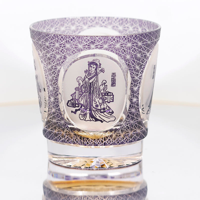 JP-143 320ml Hand Made Purple Amber Old Fashioned Glass Tumbler Etched Carved Four Great Beauties Of Ancient China Pattern