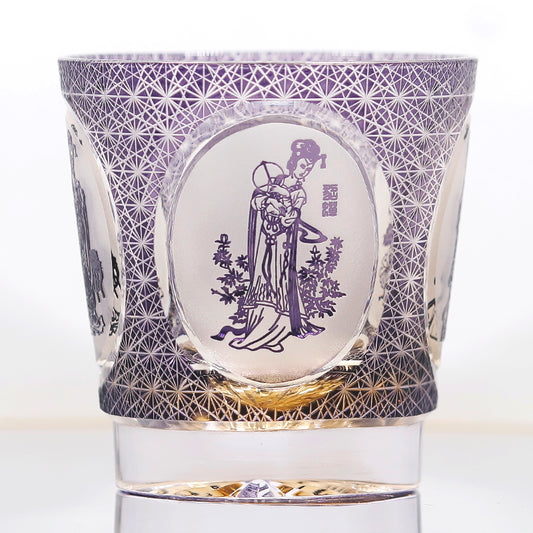 JP-143 320ml Hand Made Purple Amber Old Fashioned Glass Tumbler Etched Carved Four Great Beauties Of Ancient China Pattern