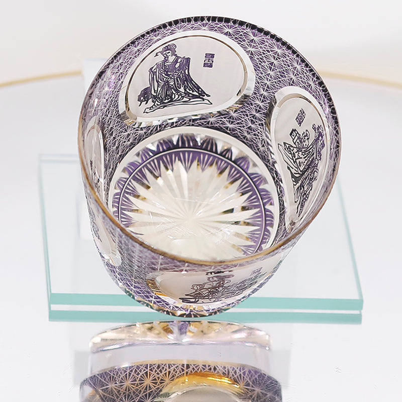 JP-143 320ml Hand Made Purple Amber Old Fashioned Glass Tumbler Etched Carved Four Great Beauties Of Ancient China Pattern