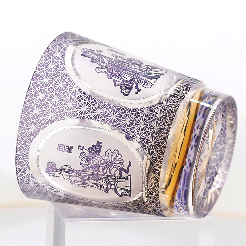 Close-up of Hand-Cut Chinese Beauty Edo Kiriko Whiskey Tumbler (Purple) - JINZHI GLASS crystal glassware