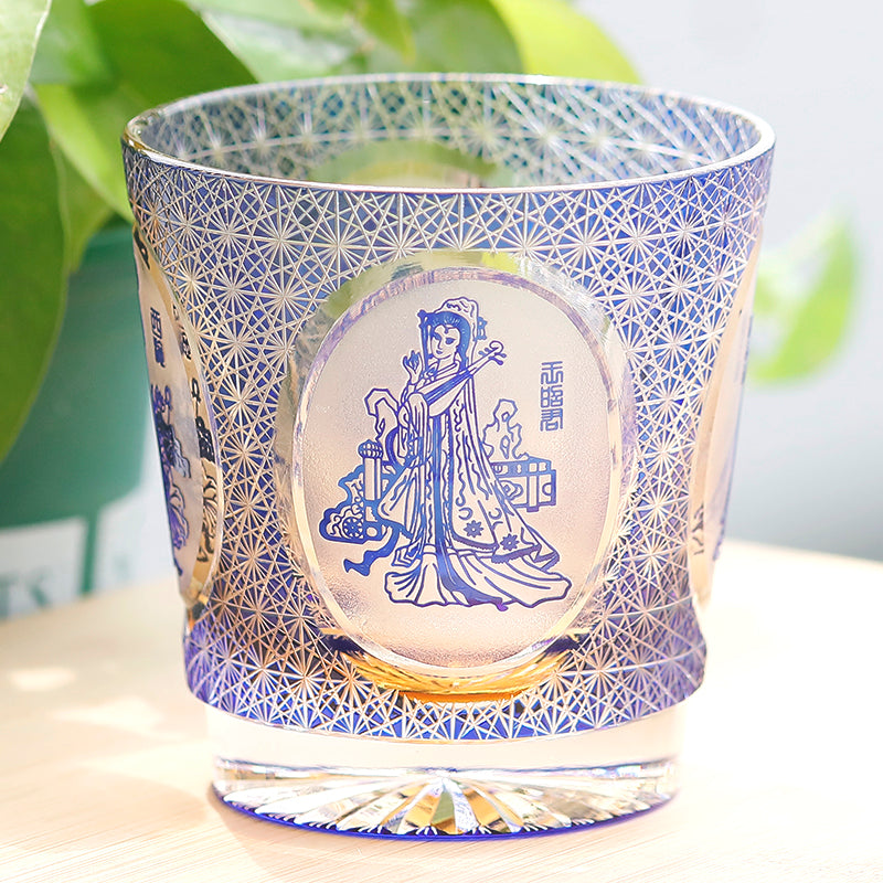 JP-143 320ml Hand Made Blue Amber Whiksey Old Fashioned Glass Tumbler Etched Carved Four Great Beauties Of Ancient China Pattern
