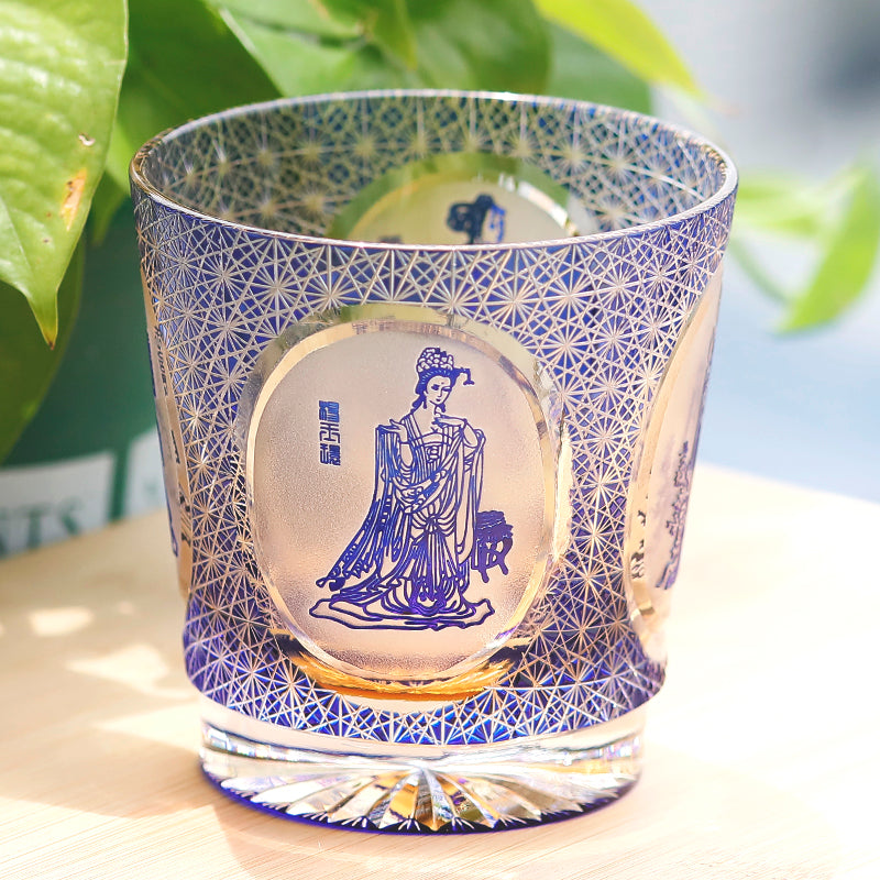 JP-143 320ml Hand Made Blue Amber Whiksey Old Fashioned Glass Tumbler Etched Carved Four Great Beauties Of Ancient China Pattern
