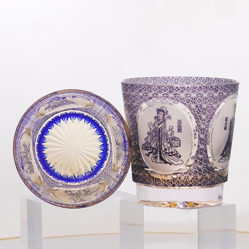 JP-143 320ml Hand Made Blue Amber Whiksey Old Fashioned Glass Tumbler Etched Carved Four Great Beauties Of Ancient China Pattern
