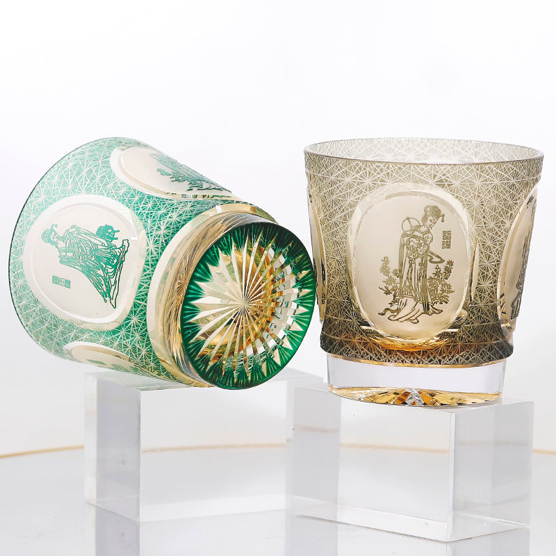 JP-143 320ml Green Amber Cocktail Old Fashioned Glass Tumbler With Hand Carved Four Great Beauties Of Ancient China Pattern