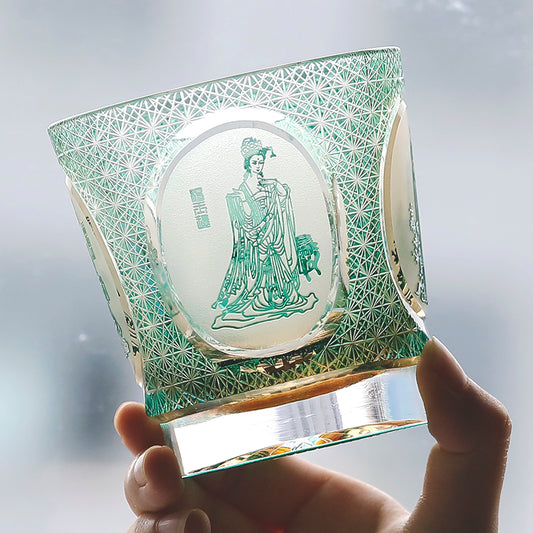 JP-143 320ml Green Amber Cocktail Old Fashioned Glass Tumbler With Hand Carved Four Great Beauties Of Ancient China Pattern