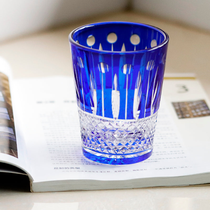 JP-095 10 oz Handcrafts Blue Cased Crystal Glass Cocktail Whiskey Tumbler Edo Kiriko Diamond Pearl Star-Cut Design
