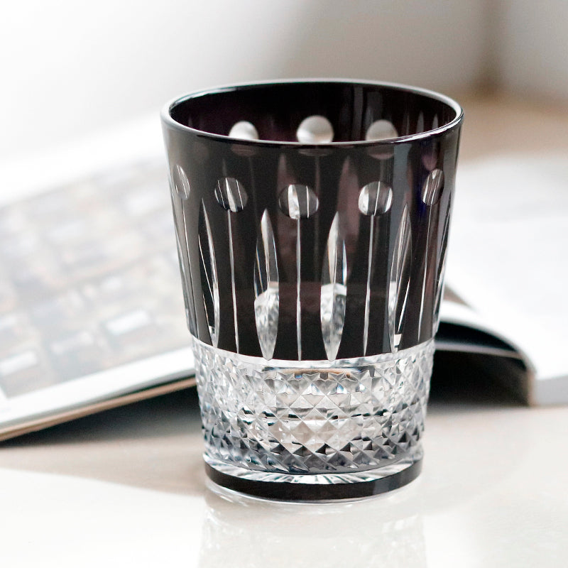 JP-095 Black Japanese Edo Kiriko Rocks Whiskey Tumbler Diamond Pearl Star-Cut Old Fashioned Glass Black Cased Crystal Glass Cocktail Tumbler