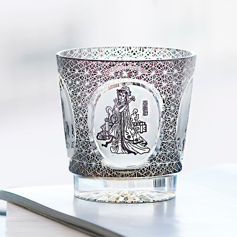 JP-143 320ml Hand Made Black Amber Old Fashioned Glass Tumbler Etched Carved Four Great Beauties Of Ancient China Pattern