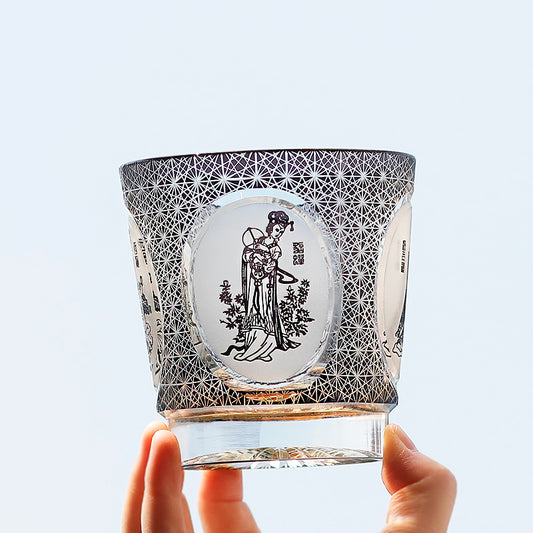 JP-143 320ml Hand Made Black Amber Old Fashioned Glass Tumbler Etched Carved Four Great Beauties Of Ancient China Pattern