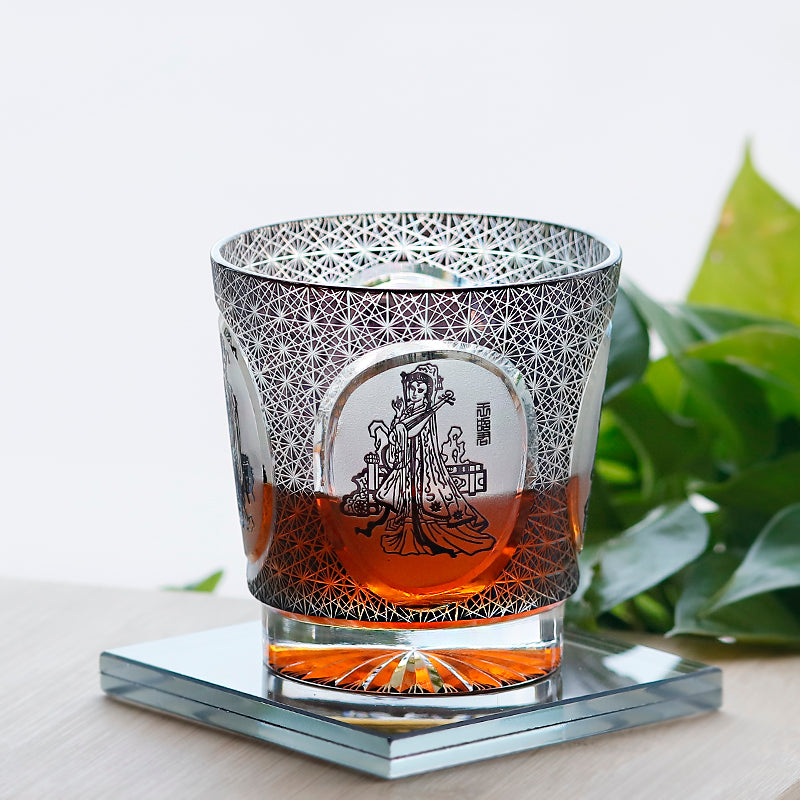 JP-143 320ml Hand Made Black Amber Old Fashioned Glass Tumbler Etched Carved Four Great Beauties Of Ancient China Pattern