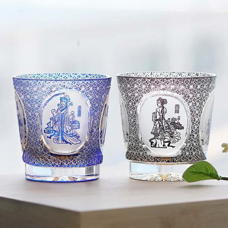 JP-143 320ml Hand Made Blue Amber Whiksey Old Fashioned Glass Tumbler Etched Carved Four Great Beauties Of Ancient China Pattern