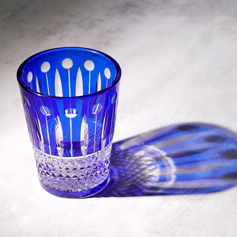 JP-095 10 oz Handcrafts Blue Cased Crystal Glass Cocktail Whiskey Tumbler Edo Kiriko Diamond Pearl Star-Cut Design
