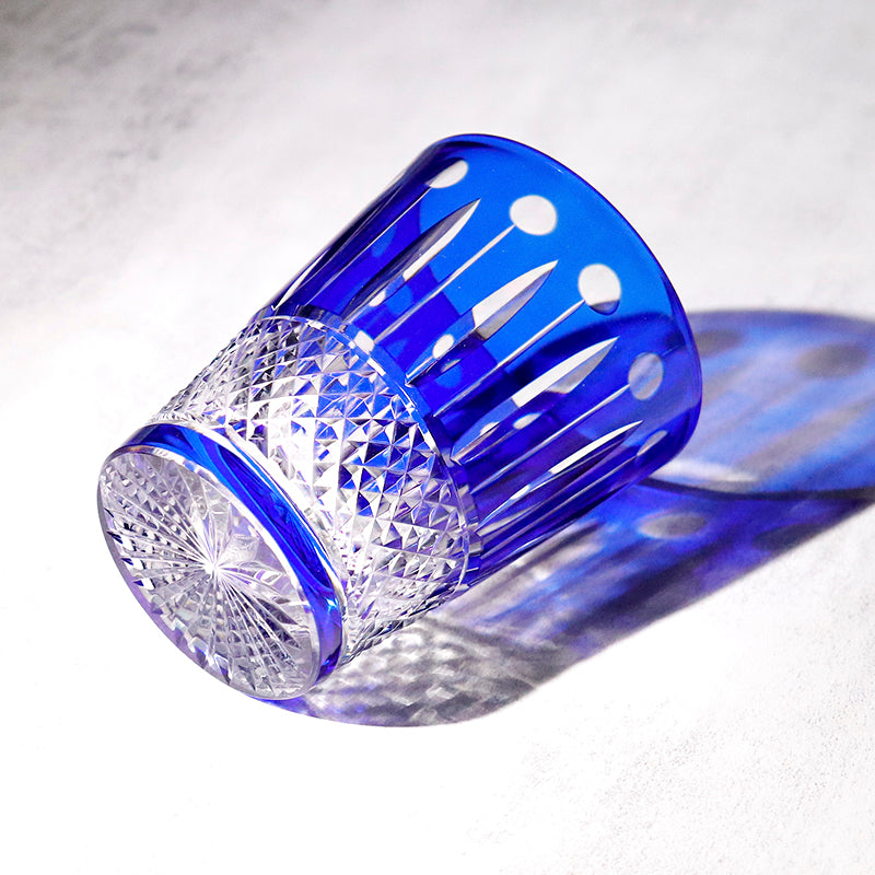 JP-095 10 oz Handcrafts Blue Cased Crystal Glass Cocktail Whiskey Tumbler Edo Kiriko Diamond Pearl Star-Cut Design