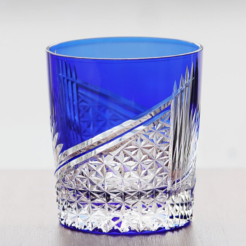 JP-123 250 ml Hand Cut To Clear Blue Tinted Glass Whiskey Tumbler Blue In Gift Box