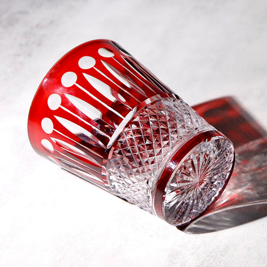 JP-095 Hand Cut to Clear Ruby Red Tinted Crystal Glass Whiskey Tumbler Edo Kiriko Diamond Pearl Star-Cut For Beverage Social Drinkers