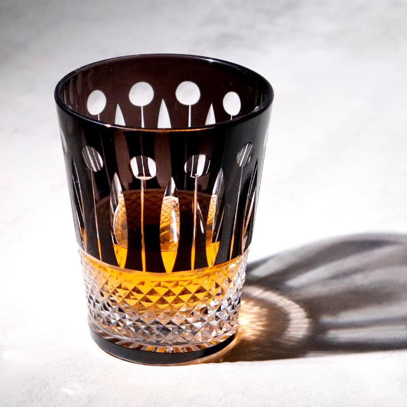 JP-095 Black Japanese Edo Kiriko Rocks Whiskey Tumbler Diamond Pearl Star-Cut Old Fashioned Glass Black Cased Crystal Glass Cocktail Tumbler