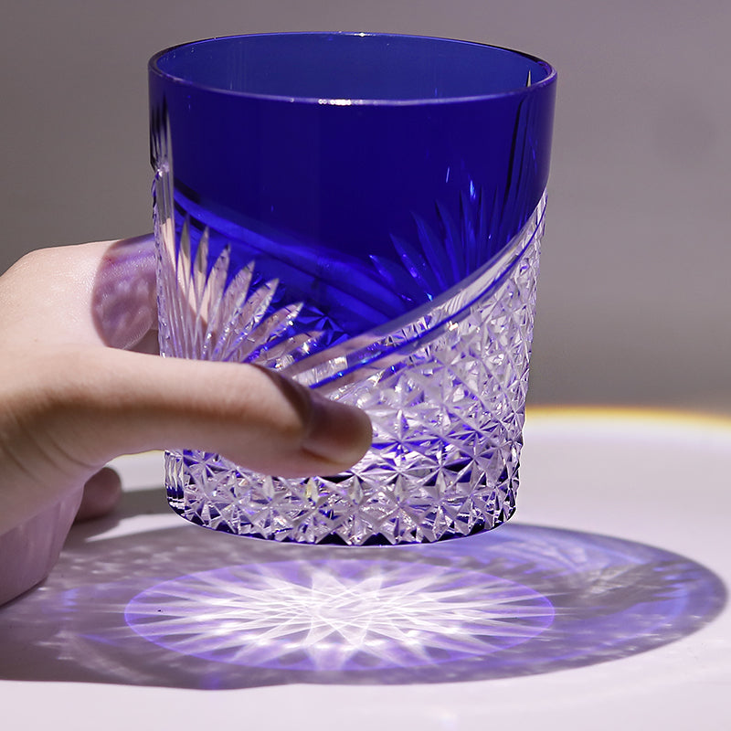 JP-123 250 ml Hand Cut To Clear Blue Tinted Glass Whiskey Tumbler Blue In Gift Box