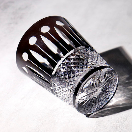 JP-095 Black Japanese Edo Kiriko Rocks Whiskey Tumbler Diamond Pearl Star-Cut Old Fashioned Glass Black Cased Crystal Glass Cocktail Tumbler