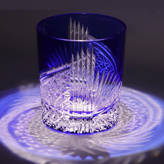 JP-123 250 ml Hand Cut To Clear Blue Tinted Glass Whiskey Tumbler Blue In Gift Box