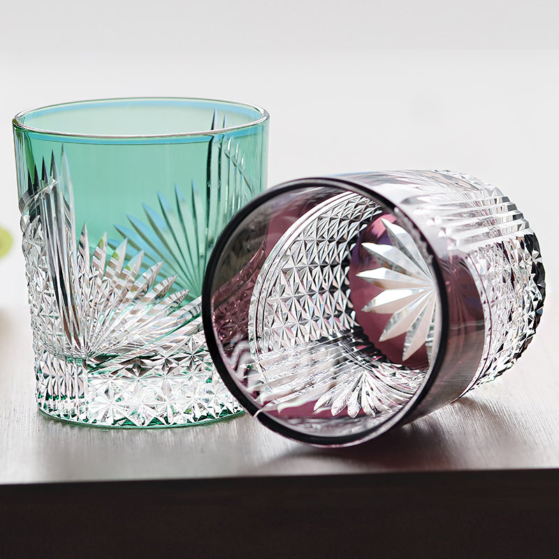 JP-123 8.5 oz Mouth Blown Purple Edo Kiriko Glass Rocks Cocktail Whiskey Tumbler In Gift Box